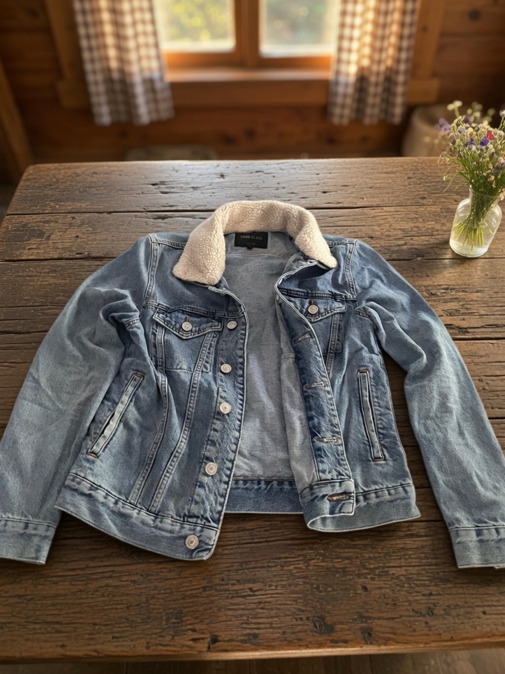 VINTAGE River Island Light Blue Denim Jacket with Cream Sherpa Collar